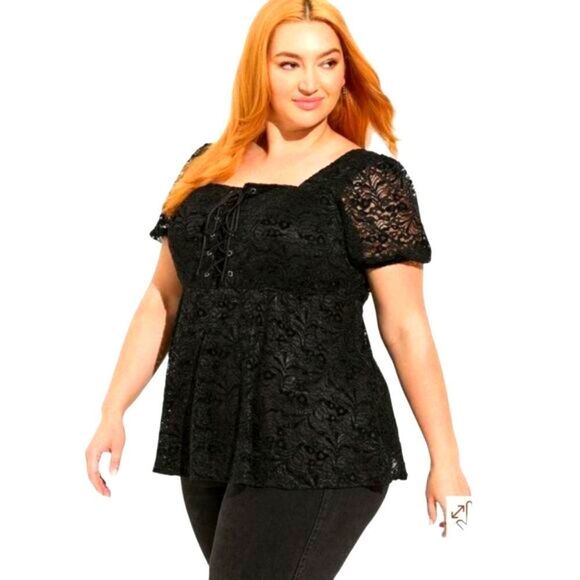 TORRID BLACK Babydoll Short Sleeve Chenille Lace SquareβNeck Blouse Plus Siz2X - Picture 2 of 16